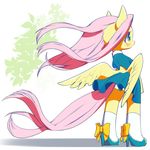  2017 blush bow clothed clothing conbudou cute dress equine eyelashes feathered_wings feathers female fluttershy_(mlp) footwear friendship_is_magic full-length_portrait fully_clothed hair hi_res high_heels leaves legwear long_hair mammal my_little_pony panties pegasus pink_hair portrait ribbons shadow shoes simple_background socks solo standing teal_eyes underwear white_background wings 