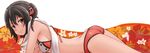  adapted_costume ass bikini black_hair breasts brown_eyes butt_crack flower kantai_collection looking_at_viewer lying medium_breasts on_stomach orange_bikini remodel_(kantai_collection) scarf sendai_(kantai_collection) solo swimsuit tr-6 two_side_up white_scarf 