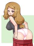  1girl ass bare_shoulders black_shirt blonde_hair blush breasts chro_(rulurullu) erect_nipples female from_behind green_background hair_tie large_breasts leaning_forward looking_at_viewer looking_back open_mouth panties pink_panties pleated_skirt pokemon pokemon_(game) pokemon_xy red_skirt serena_(pokemon) shiny_skin shirt simple_background skirt skirt_pull sleeveless sleeveless_shirt solo standing tied_hair two-tone_background underwear undressing 