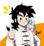  artist_name azu_(kirara310) black_eyes black_hair cat chinese_clothes dragon_ball dragon_ball_super dragon_ball_z long_hair looking_at_viewer male_focus open_mouth orange_background puar scar simple_background smile thumbs_up white_background yamcha 