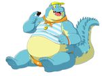  5_fingers 5_toes anthro barefoot belly claws clothed clothing crocodile crocodilian kemono makara male overweight pokelai reptile rope scalie shirt simple_background solo speedo swimsuit tank_top toes tokyo_afterschool_summoners toony visor_cap whistle 
