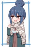  blue_hair borscht_(food) bowl eating food hair_bun holding holding_food jitome kemu_(guruguru_dan) open_mouth shawl shima_rin simple_background solo yurucamp 