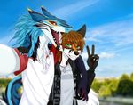  2017 5_fingers absurd_res anthro black_fur black_nose blue_fur blue_hair blurred_background brown_hair camera canine clothed clothing day duo egsaku_(character) fox fully_clothed fur green_eyes hair hi_res holding_object holding_phone jacket jewelry looking_at_viewer male mammal neck_tuft necklace open_mouth orange_fur phone photo red_eyes rengako_(egsaku) sergal sharp_teeth shirt sky smile standing teeth tongue tuft viskasunya white_fur 