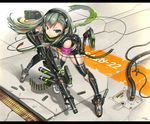  armband cable elbow_gloves fingerless_gloves garter_straps gia gloves green_eyes green_hair gun headphones highres knee_pads leaning_forward long_hair looking_at_viewer original shorts smile solo thighhighs trigger_discipline weapon 