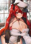 1girl areola_slip areolae azur_lane bangs blunt_bangs body_mahattaya_ginga breast_grab breasts cleavage commander_(azur_lane) commentary_request elbow_gloves eyebrows_visible_through_hair gloves grabbing guided_breast_grab hair_ribbon hat hetero honolulu_(azur_lane) indoors large_breasts leaning_forward long_hair military military_uniform naval_uniform peaked_cap red_eyes red_hair ribbon solo_focus string_panties twintails uniform white_gloves white_hat wide_hips window 
