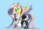  2017 blue_background blush bow clothed clothing conbudou cute cutie_mark ear_piercing equine eyelashes feathered_wings feathers female fluttershy_(mlp) footwear friendship_is_magic full-length_portrait fully_clothed hair legwear long_hair looking_at_viewer makeup mammal mascara my_little_pony pegasus piercing pink_hair portrait ribbons shirt shoes simple_background skirt smile socks solo standing teal_eyes thigh_highs wings 