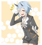 :d bangs black_shorts breasts commentary_request gloves highres horns io_(pso2) jacket light_blue_hair looking_at_viewer open_mouth orange_eyes phantasy_star phantasy_star_online phantasy_star_online_2 shiver_(siva-hl) short_hair shorts smile solo 