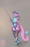  armor blue_hair blue_scales clothed clothing dragon hair horn jasmine long_hair melee_weapon pink_scales scales skimpy sword thick_thighs weapon zwijgen 