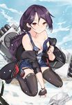  azur_lane black_legwear breasts cassin_(azur_lane) cleavage fingerless_gloves gloves hair_ornament hairclip highres jacket long_hair looking_at_viewer low_ponytail machinery medium_breasts mosta_(lo1777789) off_shoulder purple_hair red_eyes shirt single_glove sitting snow snowing solo thighhighs torn_clothes torn_shirt torpedo_tubes turret wariza 