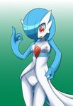  1girl alternate_color areolae blue_hair blush breasts cameltoe collarbone female gardevoir gradient gradient_background green_background hair_over_one_eye hand_on_hip hand_up highres looking_down maebari medium_breasts navel neichii no_humans open_mouth pasties pokemon pokemon_(creature) pokemon_rse red_eyes shiny_pokemon short_hair simple_background smile solo standing tongue tongue_out 