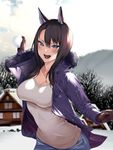  :d animal_ears blue_eyes blue_pants blurry blurry_background blush breasts brown_gloves brown_hair cloud cloudy_sky coat commentary_request day denim depth_of_field forest fox_ears fur_trim gloves grey_sweater hair_between_eyes hand_up hiiragi_yuuichi house jeans large_breasts long_hair long_sleeves looking_at_viewer nature open_clothes open_coat open_mouth original outdoors pants purple_coat sky smile snow snowball snowball_fight solo standing sweater tree upper_body winter_clothes winter_coat 
