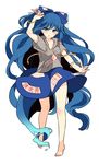  absurdly_long_hair bangs bare_legs barefoot blue_bow blue_eyes blue_hair blue_skirt bow commentary_request debt drawstring eyebrows_visible_through_hair full_body hair_bow hand_up haya_taro_pochi holding hood hoodie long_hair looking_at_viewer short_sleeves simple_background skirt solo touhou very_long_hair white_background yorigami_shion 