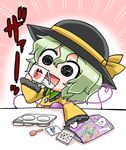  :d =3 black_eyes black_hat candy chibi commentary eating emphasis_lines eyeball eyebrows_visible_through_hair food frilled_shirt_collar frilled_sleeves frills ghost gradient gradient_background green_hair hair_between_eyes hat hat_ribbon heart heart_of_string holding komeiji_koishi long_sleeves looking_at_viewer nerunerunerune noai_nioshi open_mouth packet paddle powder ribbon shirt short_hair smile string third_eye touhou translated two-tone_background upper_body wide_sleeves wing_collar yellow_ribbon yellow_shirt |_| 