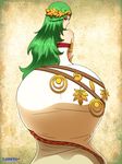  1girl ass bent_over curvy dress eyebrows green_eyes green_hair hips huge_ass kid_icarus large_ass layerth long_hair looking_at_viewer looking_back matching_hair/eyes nintendo palutena pov_ass solo tiara very_long_hair white_dress wide_hips 