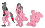  2016 anthro black_nose blackshirtboy bulge digital_drawing_(artwork) digital_media_(artwork) eyes_closed fur grey_fur jazzotter kneeling male mammal markings mustelid nude otter penis red_fur rubber shiny simple_background solo standing striped_fur striped_tail stripes toes transformation white_background zentai 