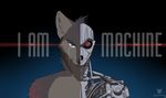  2017 ambiguous_gender anthro black_background black_nose brown_fur canine clothed clothing crying cybernetics cyborg egsaku english_text fox fur grey_fur looking_at_viewer machine male mammal multicolored_fur robot sharp_teeth simple_background solo standing tears teeth terminator text topless two_tone_fur 