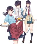  apron bag black_hair blouse blue_blouse bow bowtie cafe_maid closed_mouth clothes_around_waist commentary_request cowboy_shot fangxiang_cuoluan food full_body highres holding kneehighs koi_wa_ameagari_no_you_ni loafers long_hair looking_at_viewer multiple_views name_tag navy_blue_legwear necktie omurice open_mouth pie ponytail purple_eyes school_bag school_uniform shiny shiny_hair shoes standing sweater sweater_around_waist tachibana_akira thighs umbrella uniform white_blouse 