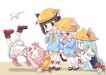  &gt;_&lt; ahenn animal_ears arm_hug arms_up azur_lane banana_peel bandaid bandaid_on_knee bangs bare_shoulders bell blue_shirt blunt_bangs blush boots bow bowtie brown_footwear brown_hair candy cat_ears cat_girl cat_tail collarbone commentary_request dog_ears dog_girl dog_tail ears_through_headwear eating eyebrows_visible_through_hair food green_eyes green_hair hair_between_eyes hair_bow hand_on_own_knee hat hat_removed hat_ribbon headwear_removed holding holding_food holding_lollipop jingle_bell kindergarten_uniform kisaragi_(azur_lane) kneehighs lifebuoy lollipop long_hair looking_at_another loose_socks mary_janes mikazuki_(azur_lane) multiple_girls mutsuki_(azur_lane) neckerchief no_shoes nose_blush off_shoulder open_mouth outstretched_arms pantyhose pink_hair pink_neckwear pink_shirt pleated_skirt pocket profile purple_eyes red_bow red_ribbon ribbon school_hat shirt shoes short_hair skirt slipping socks squatting striped striped_legwear tail tail_bell tail_bow taiyaki thick_eyebrows uzuki_(azur_lane) very_long_hair wagashi wavy_mouth white_background white_legwear white_skirt yellow_hat yellow_neckwear yellow_skirt 