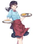  apron black_hair blouse blue_blouse bow bowtie cafe_maid cowboy_shot fangxiang_cuoluan food highres koi_wa_ameagari_no_you_ni long_hair looking_at_viewer name_tag omurice open_mouth pie ponytail purple_eyes simple_background solo tachibana_akira 