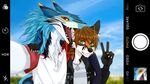  2017 5_fingers absurd_res anthro black_fur black_nose blue_fur blue_hair blurred_background brown_hair camera camera_view canine clothed clothing day duo egsaku_(character) fox fully_clothed fur green_eyes hair hi_res holding_object holding_phone jacket jewelry looking_at_viewer male mammal neck_tuft necklace open_mouth orange_fur phone photo red_eyes rengako_(egsaku) sergal sharp_teeth shirt sky smile standing teeth tongue tuft viskasunya white_fur 