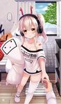  1boy 1girl :&lt; ayanami_(azur_lane) azur_lane bandaid bandaid_on_face bare_shoulders bed bedroom blush bookshelf breasts clothes_writing collarbone commander_(azur_lane) dakimakura_(object) eyebrows_visible_through_hair headphones heart highres holding_hands long_hair looking_at_viewer medium_breasts no_bra nya_rl out_of_frame oversized_clothes pillow ponytail pov pov_hands reaching_out robot_ears shirt side_ponytail silver_hair slippers spoken_ellipsis spoken_heart standing t-shirt thighhighs thighhighs_pull thought_bubble walking white_legwear window yellow_eyes 