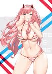  ass_visible_through_thighs bare_shoulders bikini breasts collarbone commentary cowboy_shot darling_in_the_franxx eyebrows_visible_through_hair green_eyes hairband hands_on_own_head heart heart-shaped_pupils highres horns large_breasts long_hair looking_at_viewer me!me!me! navel parody parted_lips pink_hair smile solo striped striped_bikini swimsuit symbol-shaped_pupils tony_guisado very_long_hair zero_two_(darling_in_the_franxx) 