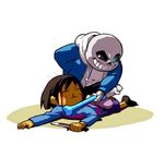  animated_skeleton blood bone brown_hair chara_(undertale) clothing defeated duo glowing glowing_eyes hair human knife male mammal monster nemurism sans_(undertale) short_hair skeleton smile undead undertale video_games weapon wounded 
