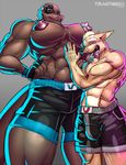  2018 abs anthro biceps big_breasts big_nipples breasts bulge butt canine clothed clothing cybernetics cyborg digital_media_(artwork) duo eyes_closed facial_piercing female fingerless_gloves fox furgonomics furry-specific_piercing gloves grey_background hand_on_hip hand_on_stomach happy horn larger_female machine male mammal muscular muscular_female muscular_male muzzle_piercing navel nipples nose_piercing open_mouth partially_clothed piercing puffy_nipples reptile scalie shorts simple_background size_difference smaller_male smile standing teeth thick_thighs tongue topless trenco umber_(umber24) vicioustyrant viktoria_(beyxer) 