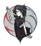  abstract arm_up ashitano_kirin asymmetrical_wings black_dress black_hair bow breasts circle dress hair_between_eyes head_tilt houjuu_nue looking_at_viewer open_mouth pale_face pale_skin red_bow solo touhou white_background wings 
