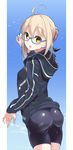  ahoge aqua-framed_eyewear artoria_pendragon_(all) ass bike_shorts black_shorts blonde_hair blue_background blush border braid cowboy_shot eyebrows_visible_through_hair fate/grand_order fate_(series) from_behind glasses hair_between_eyes highres hood hoodie long_sleeves looking_at_viewer looking_back mysterious_heroine_x_(alter) open_mouth outside_border shorts solo standing suppa_(hagakuresuppa) yellow_eyes 