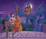  2018 areola balcony blue_feathers breasts cello cutie_mark digital_media_(artwork) duo equine equine_taur eyes_closed feathered_wings feathers female friendship_is_magic full_moon hair hooves horn long_hair mammal moon musical_instrument my_little_pony nauthleroy navel night nipples octavia_(mlp) outside princess_luna_(mlp) ribbons tail_bow tail_ribbon taur wings 