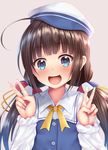  :d ahoge beret blue_eyes blush brown_hair double_v eyebrows_visible_through_hair hat hinatsuru_ai long_hair looking_at_viewer low_twintails open_mouth pink_background puririn ryuuou_no_oshigoto! school_uniform simple_background smile solo twintails upper_body v 