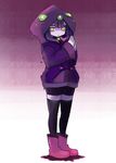  absurdres alternate_costume ankle_boots bike_shorts black_legwear boots closed_mouth commentary extra_eyes full_body gradient gradient_background hands_together highres hood hood_up hoodie latenight long_sleeves looking_at_viewer mind_flayer_(monster_girl_encyclopedia) monster_girl_encyclopedia purple_footwear purple_hair purple_hoodie purple_skin simple_background smile solo standing thighhighs yellow_eyes 