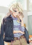  :o alternate_costume backlighting beizhe_mu_jita_de_xiao_zhu belt blonde_hair blue_eyes blue_sweater blush breast_pocket breasts casual commentary cowboy_shot denim denim_jacket diana_cavendish english_commentary hand_on_own_arm hand_on_own_face high-waist_pants highres indoors jacket_on_shoulders light_green_hair little_witch_academia long_hair long_sleeves looking_at_viewer multicolored_hair open_mouth pants pocket shirt_tucked_in sleeves_pushed_up small_breasts solo standing sweater tsurime two-tone_hair unbuttoned wavy_hair weibo_username 