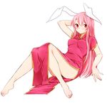  absurdres alternate_costume animal_ears bare_arms bare_legs barefoot blush breasts bunny_ears china_dress chinese_clothes dress fingernails full_body hand_behind_head highres knees_together_feet_apart long_hair looking_at_viewer medium_breasts pelvic_curtain pink_hair red_eyes reisen_udongein_inaba short_sleeves simple_background sitting solo toenails touhou white_background yukina_(masyumaro610) 