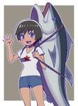  blue_eyes blush brown_hair commentary dark_skin fish inuyama_kinko onomekaman osomatsu-san rope shirt short_hair shorts tan tuna 