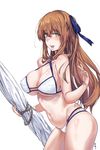  absurdres aningay bad_anatomy bikini breasts brown_hair cleavage contrapposto cowboy_shot criss-cross_halter eyebrows_visible_through_hair from_side girls_frontline green_eyes hair_between_eyes hair_ribbon halterneck highres large_breasts leaning_forward long_hair m1903_springfield_(girls_frontline) navel o-ring o-ring_bikini o-ring_top open_mouth ribbon simple_background smile solo standing swimsuit white_background white_bikini 