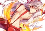  arms_up bow breasts eyebrows_visible_through_hair fire fujiwara_no_mokou grin hair_bow large_breasts long_hair long_sleeves looking_at_viewer naked_suspenders navel ofuda open_clothes open_shirt pants red_eyes red_pants shirt simple_background smile solo suspenders touhou uchisukui v-shaped_eyebrows white_background white_bow white_hair white_shirt 