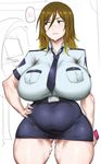  1girl aftersex bandai bare_legs blush breasts brown_hair cum cum_in_pussy curvy date_makiko digimon digimon_story:_cyber_sleuth female huge_breasts long_hair looking_back natedecock ndc solo standing sweat thighs uniform 