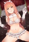  ashino bangs blunt_bangs blurry blush bra breasts chariot cleavage closed_mouth commentary_request curtain_grab curtains depth_of_field elbow_gloves eyebrows_visible_through_hair fate/grand_order fate_(series) frilled_skirt frills gloves highres long_hair looking_at_viewer medb_(fate)_(all) medb_(fate/grand_order) medium_breasts navel panties pink_hair see-through skirt solo spread_legs tiara tongue tongue_out underwear white_bra white_panties white_skirt yellow_eyes 