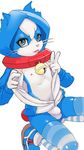  5_fingers anthro bell_collar blue_fur bulge cat chizi collar feline fur grey_eyes machine male mammal navel nipples robot simple_background solo tongue tongue_out v_sign whiskers white_fur 