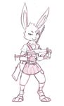  2018 absurd_res anthro bandage clothed clothing female fully_clothed gun handgun hi_res holding_object holding_weapon jill_hopkins lagomorph line_art looking_at_viewer mammal miniskirt pistol portrait rabbit ranged_weapon salanchu shirt shotgun sketch skirt smile solo standing submachine_gun thick_thighs weapon 