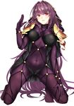  armor bodysuit breasts chain commentary_request covered_navel fate/grand_order fate_(series) head_chain highres jewelry large_breasts long_hair looking_at_viewer pauldrons pirapirapirapira purple_bodysuit purple_hair red_eyes scathach_(fate)_(all) scathach_(fate/grand_order) shoulder_armor veil 