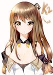 bangs bare_shoulders black_ribbon blush breasts brown_eyes brown_hair cleavage closed_mouth detached_collar eyebrows_visible_through_hair girls_frontline hair_ornament hair_ribbon hairclip jacket k-2_(girls_frontline) large_breasts long_hair looking_at_viewer low-tied_long_hair open_clothes open_jacket ramune_(cherrykde) ribbon sidelocks simple_background solo straight_hair upper_body white_background white_jacket wing_collar 