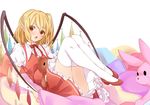  :o bangs blonde_hair eyebrows_visible_through_hair fang flandre_scarlet full_body highres knees_up long_hair looking_at_viewer lying neck_ribbon on_back pointy_ears puffy_short_sleeves puffy_sleeves red_eyes red_footwear red_neckwear red_ribbon red_skirt ribbon shoes short_sleeves simple_background skirt solo stuffed_animal stuffed_bunny stuffed_toy teddy_bear thighhighs touhou white_background white_legwear wings yukina_(masyumaro610) 