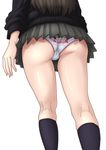  alpaca ass black_sweater brown_hair clothes_writing crotch_seam grey_skirt highres idolmaster idolmaster_cinderella_girls kezune_(i-_-i) kneehighs kneepits labia long_sleeves miniskirt out_of_frame panties pleated_skirt polka_dot polka_dot_panties print_panties shibuya_rin simple_background skirt solo standing sweater trefoil underwear upskirt white_background 