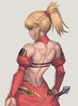  bare_back blonde_hair braid commentary_request detached_sleeves eyebrows_visible_through_hair fate/apocrypha fate_(series) french_braid from_behind green_eyes highres mordred_(fate) mordred_(fate)_(all) muscle muscular_female ponytail ranma_(kamenrideroz) red_scrunchie scrunchie simple_background smile solo sword_hilt weapon 