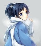  black_hair blue_eyes bow hair_bow hazuki_(sutasuta) japanese_clothes looking_back male_focus ponytail scarf touken_ranbu yamato-no-kami_yasusada 