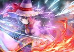  bang_dream! black_gloves black_hair bow electricity feathers fire flame flower foreshortening gloves hat hat_bow ice_shard long_hair looking_at_viewer purple_eyes purple_hat red_bow shirokane_rinko shun_no_shun solo witch_hat 