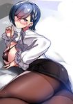  blue_hair blush braid breasts copyright_request eyebrows_visible_through_hair eyewear_strap glasses large_breasts looking_at_viewer lying miniskirt open_clothes open_shirt pantyhose pencil_skirt shirt short_hair side_braid single_braid skirt takamura_wamu teacher 